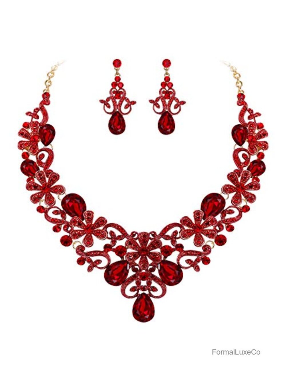 Crystal Floral Teardrop Necklace and Earring Jewelry Set for Wedding Prom